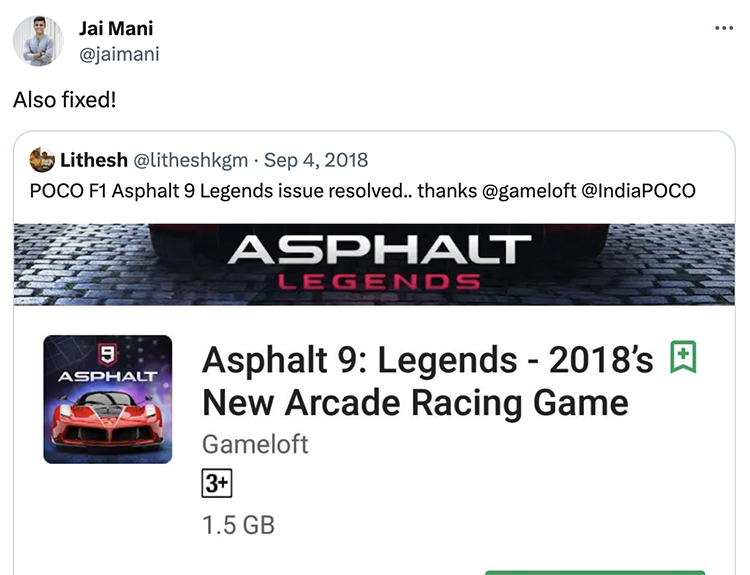 screenshot of jai mani tweet about asphalt 9 running on poco f1