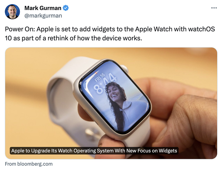 screenshot of mark gurman tweet on apple bringing widgets to watchos 10