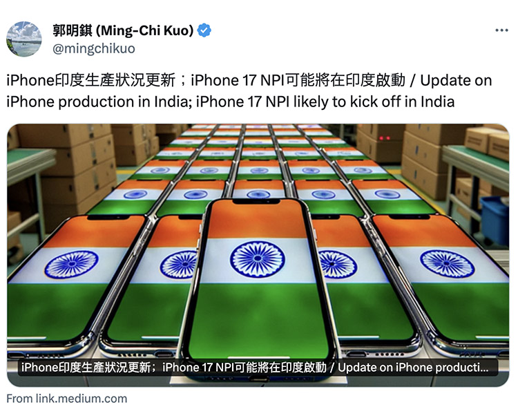 screenshot of ming chi kuo tweet on iPhone production in India
