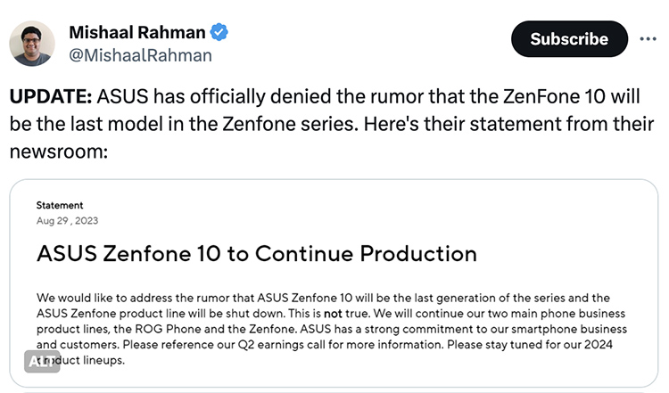 screenshot of mishal rahman tweet about zenfone production rumors