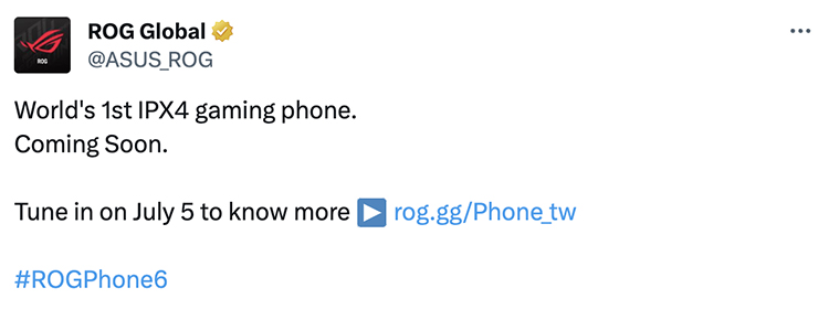 screenshot of rog tweet about ipx4 rating on rog phone 6