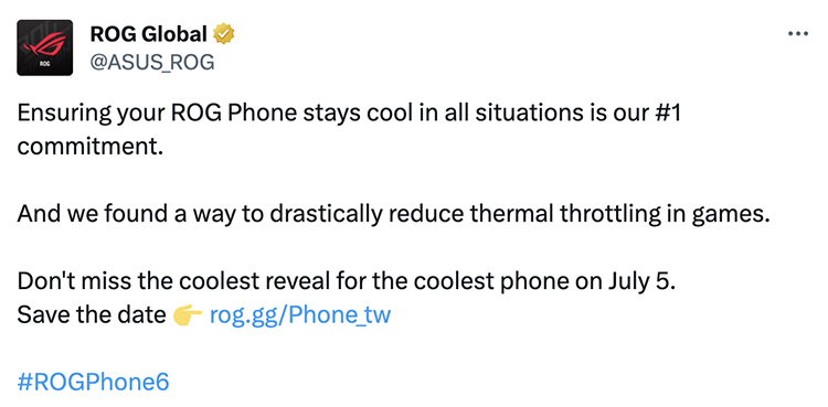 screenshot of rog tweet about new cooling in rog phone 6