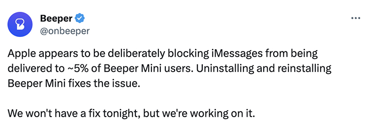 screenshot of tweet from Beeper about Apple blocking access to iMessage