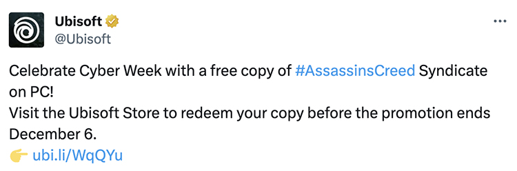screenshot of ubisoft tweet about assassins creed syndicate being available for free