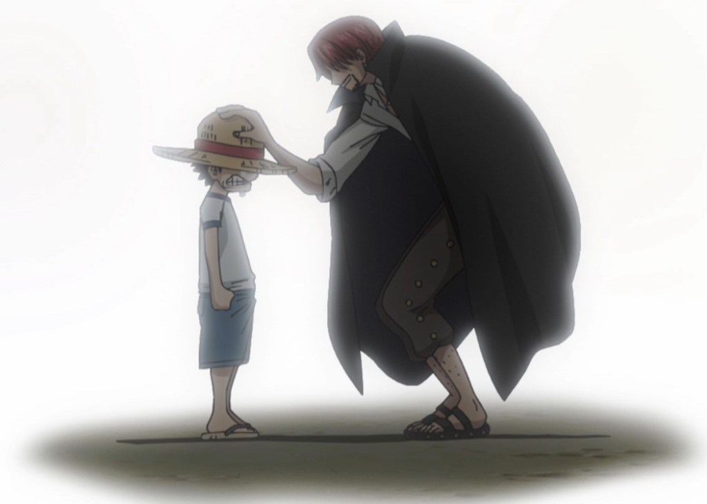 Shanks giving his Straw Hat to Luffy in One Piece anime.