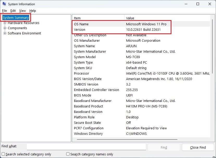 system information showing OS version and build