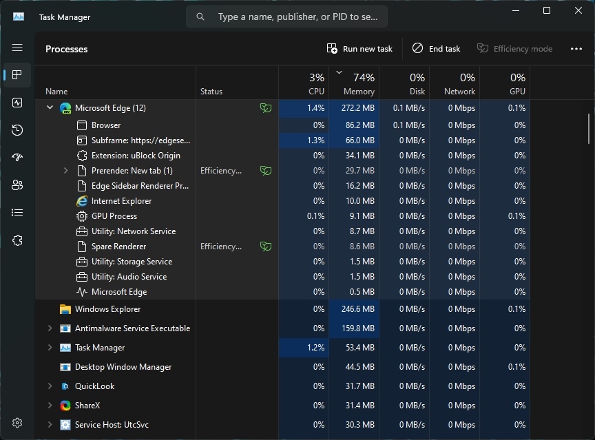 task manager showing windows copilot runs on edge engine