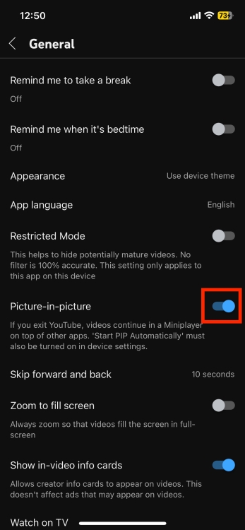toggle on PiP mode in YouTube app on iPhone