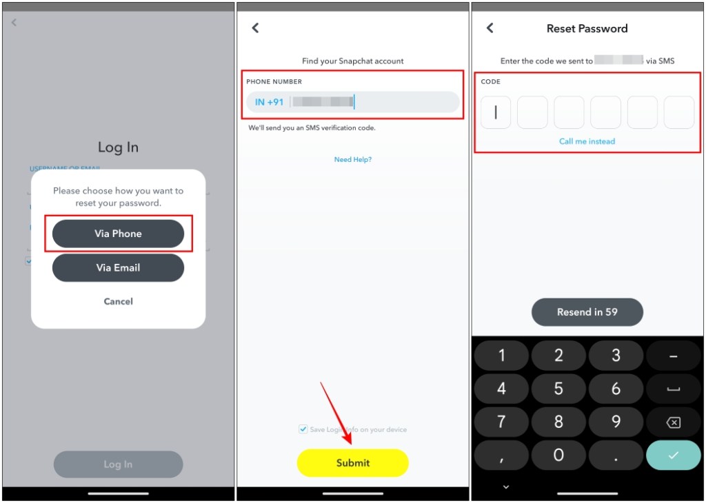 Use "via Mobile Number" option to get OTP message to recover Snapchat account