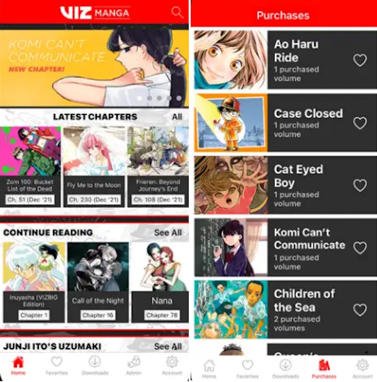 homepage of viz manga app