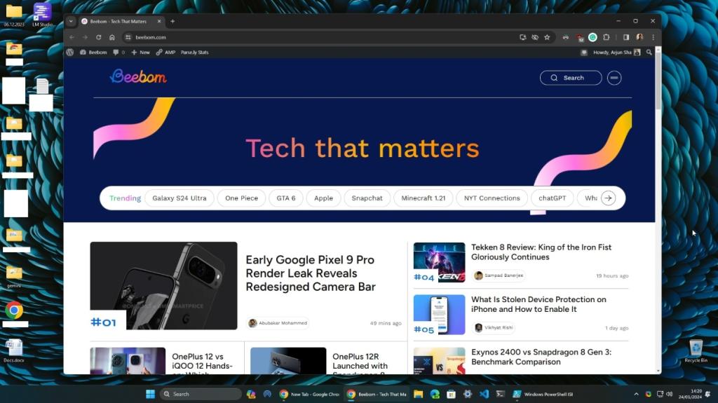 windows 11 desktop interface with beebom website launched in chrome
