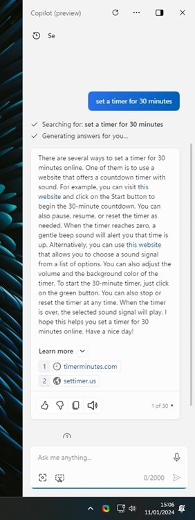 windows copilot fails to set a timer