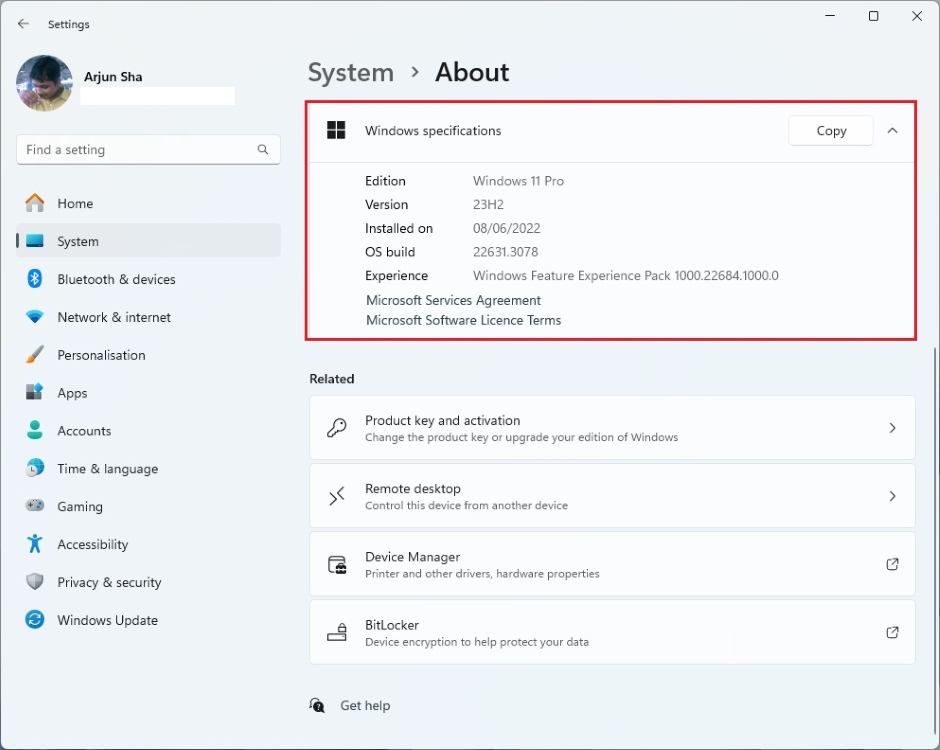 windows specifications in windows 11 settings