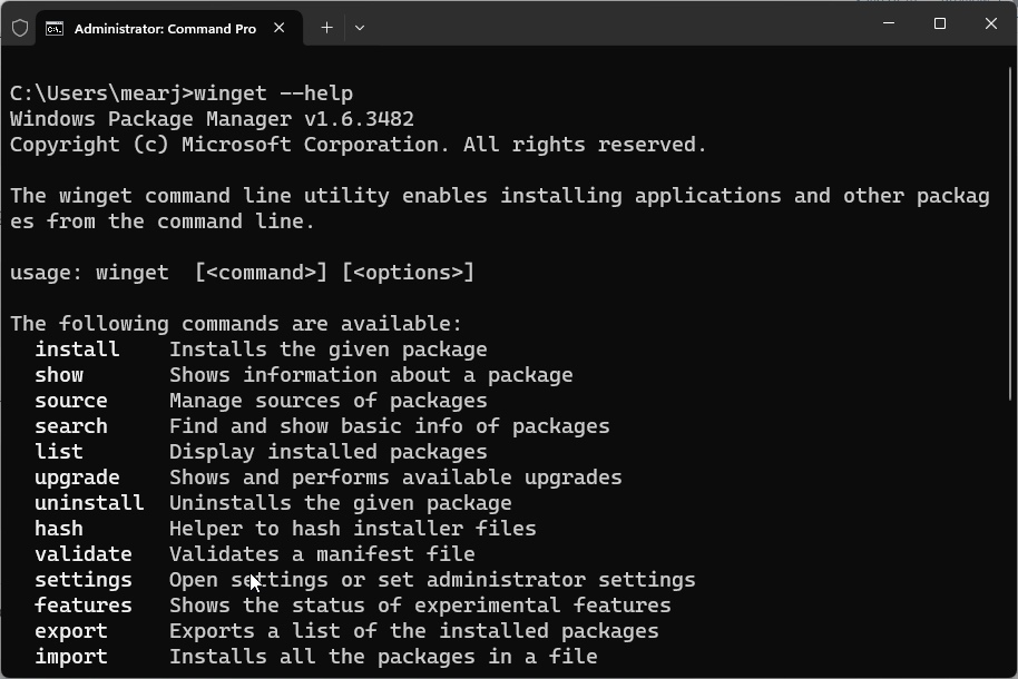 winget help commands