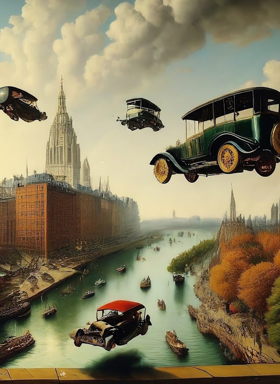AI generative wallpaper of a cityscape and flying cars in the 19th century realist style