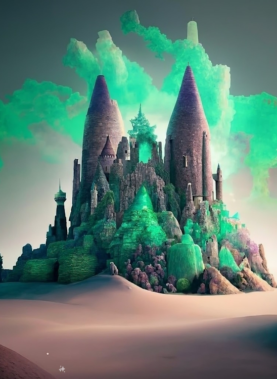 AI generative wallpaper of a surreal castle made of amethyst in shades of green and teal