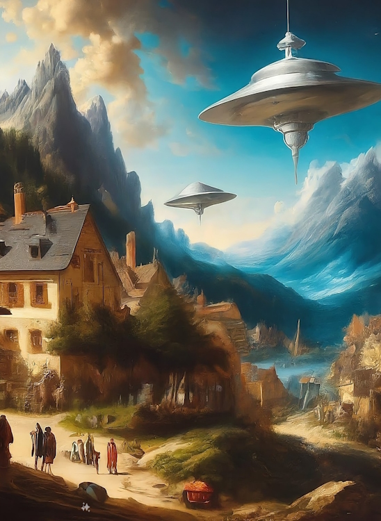 AI generative wallpaper of a village and spaceships in baroque style