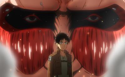 Eren in front of a titan in Attack on Titan anime
