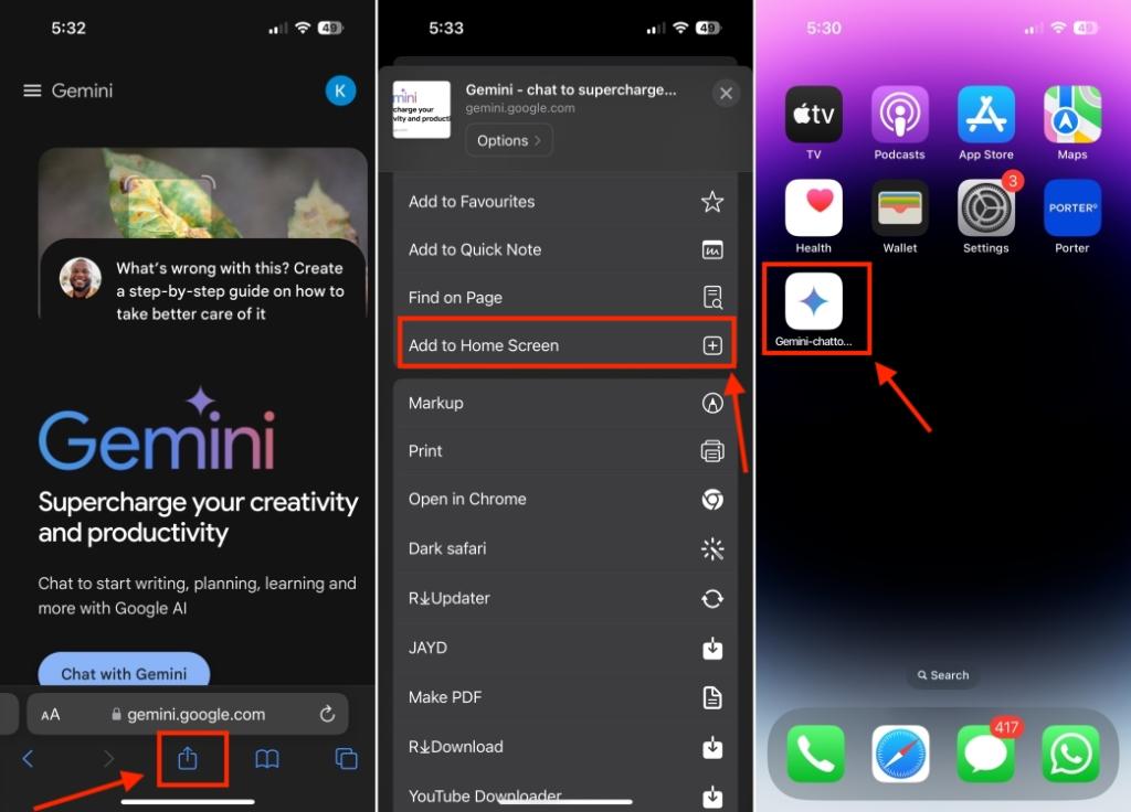 Add Gemi AI web app shortcut on iPhone
