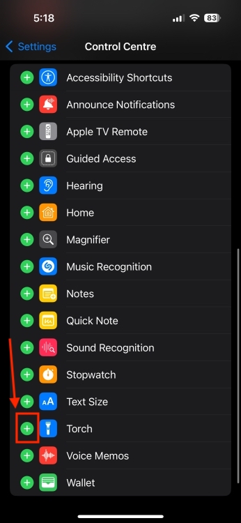 Add the Torch option in the Control Center