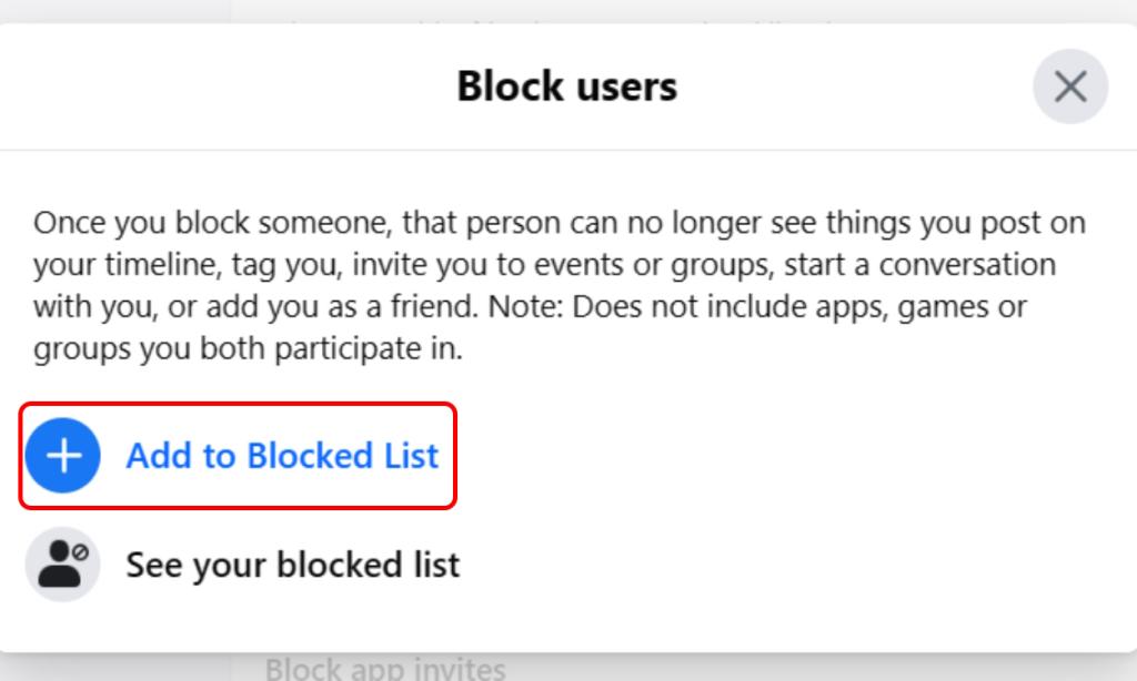 Add to Blocked List option on Facebook web version