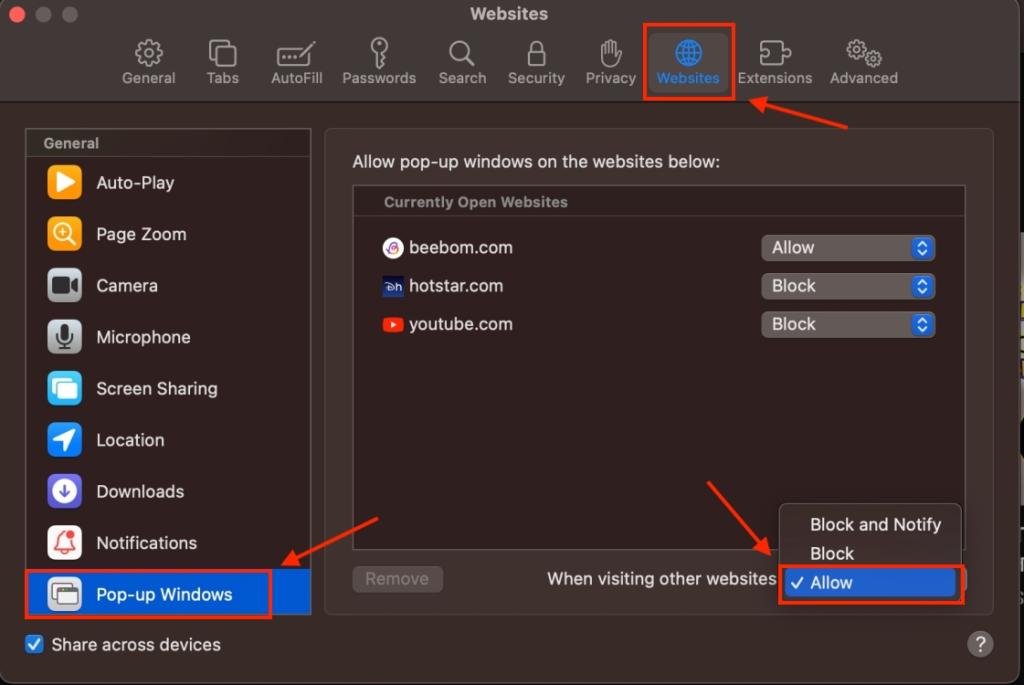 Allow pop-ups for all websites in Safari