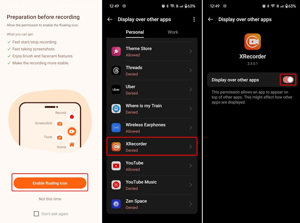 Allowing XRecorder to display over other apps on Android