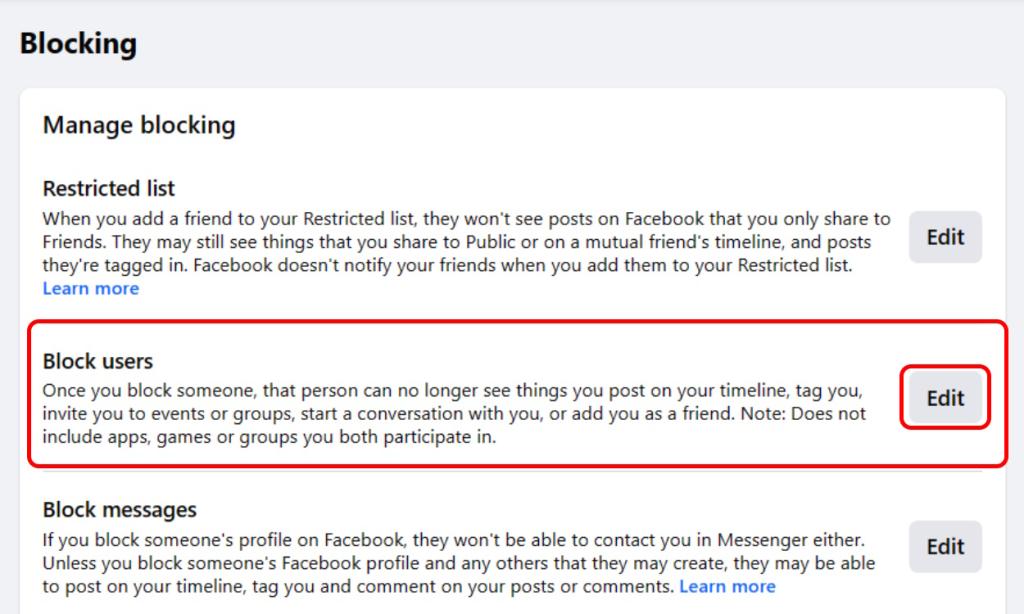 Block users option on Facebook web