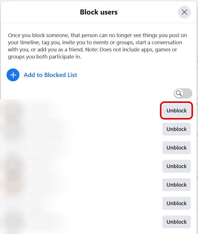 Blocked list on Facebook web version