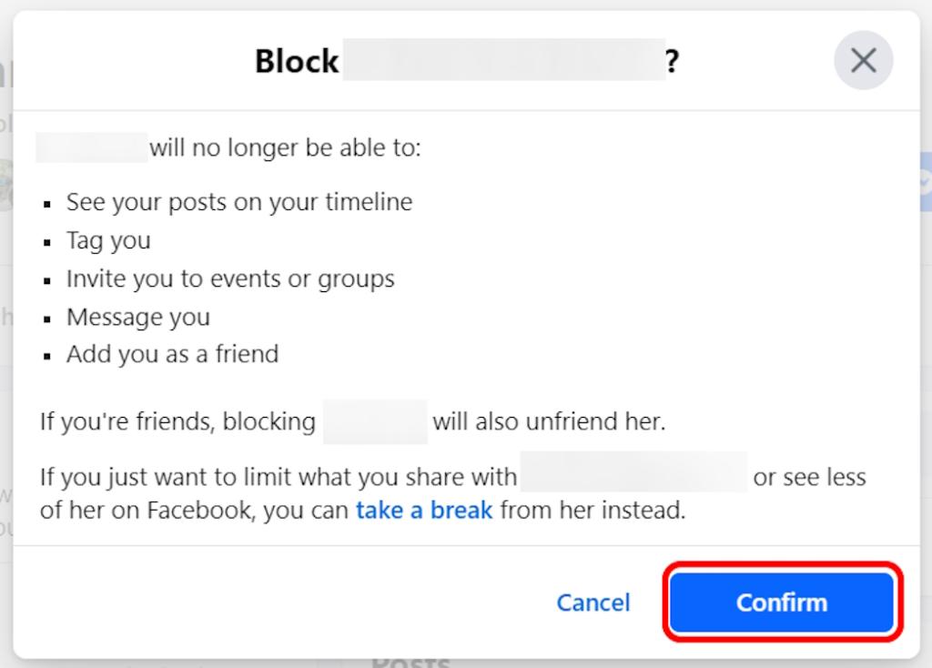 Blocking confirmation window on Facebook web version