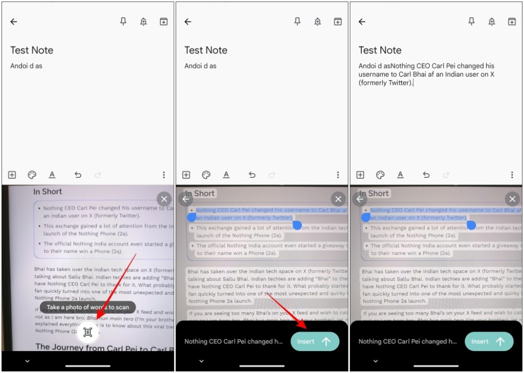 Capture the text you want to scan and insert it using gboard on android