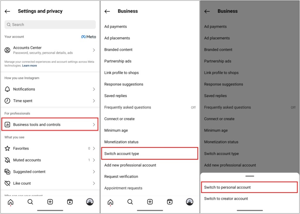 Switch to personal account from the Business tools and controls menu within settings