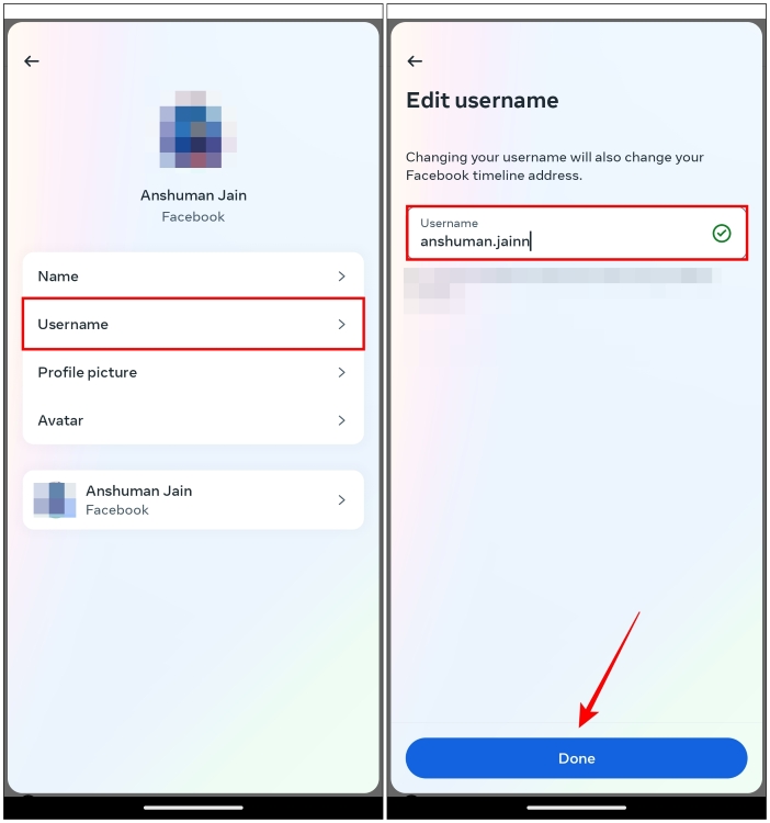 Change your current username on Facebook mobile app