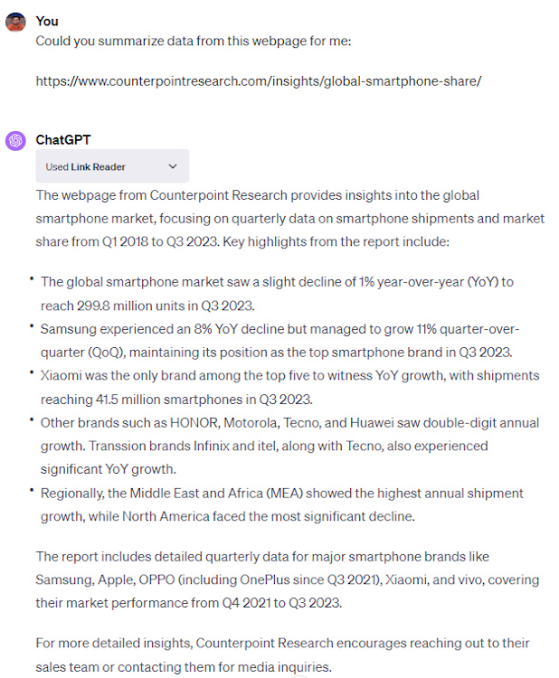 ChatGPT Link Reader at work