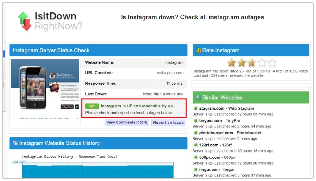Check if the Instagram servers are up or down using the isitdownrightnow website