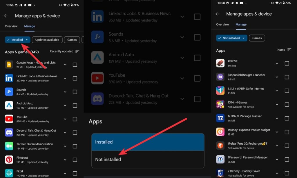 Choose not installed filter - recover deleted apps android