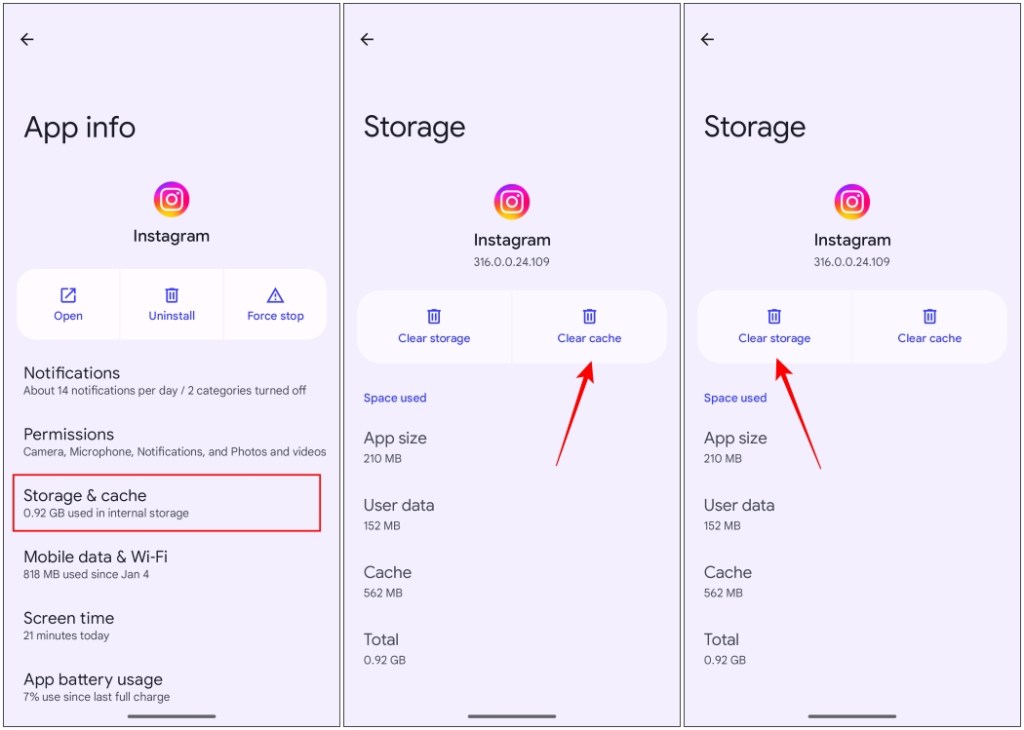Head to Storage & cache and clear cache for Instagram and if necessary tap on clear storage as well