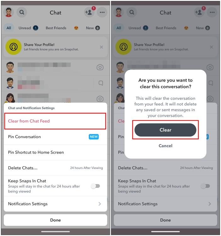 Confirm to clear a chat on Snapchat