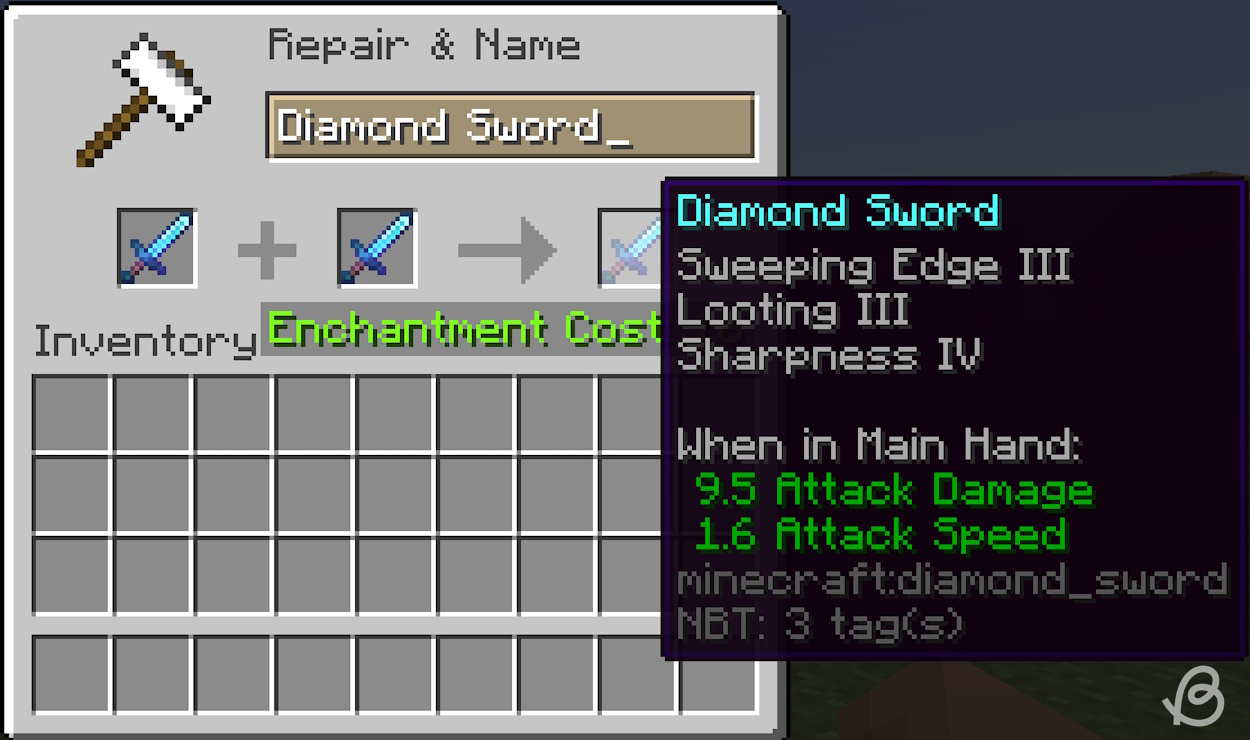 Output sword with combined enchantments in Minecraft 