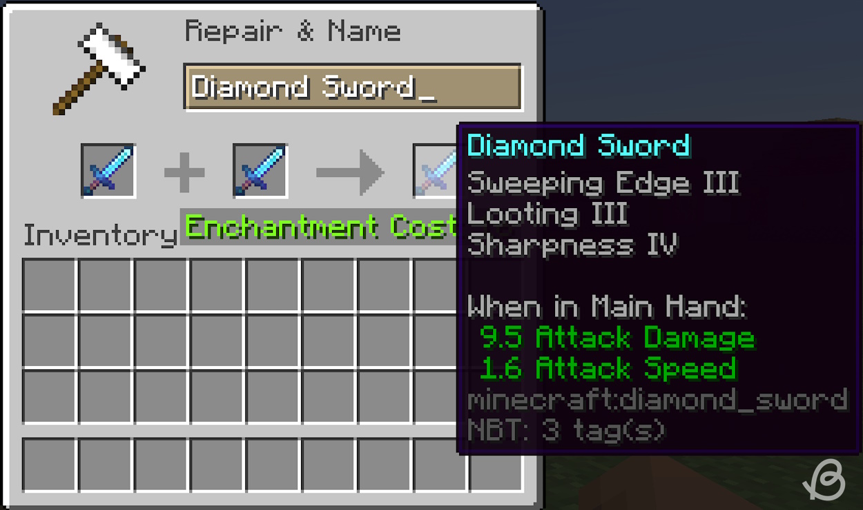 Output sword with combined enchantments in Minecraft