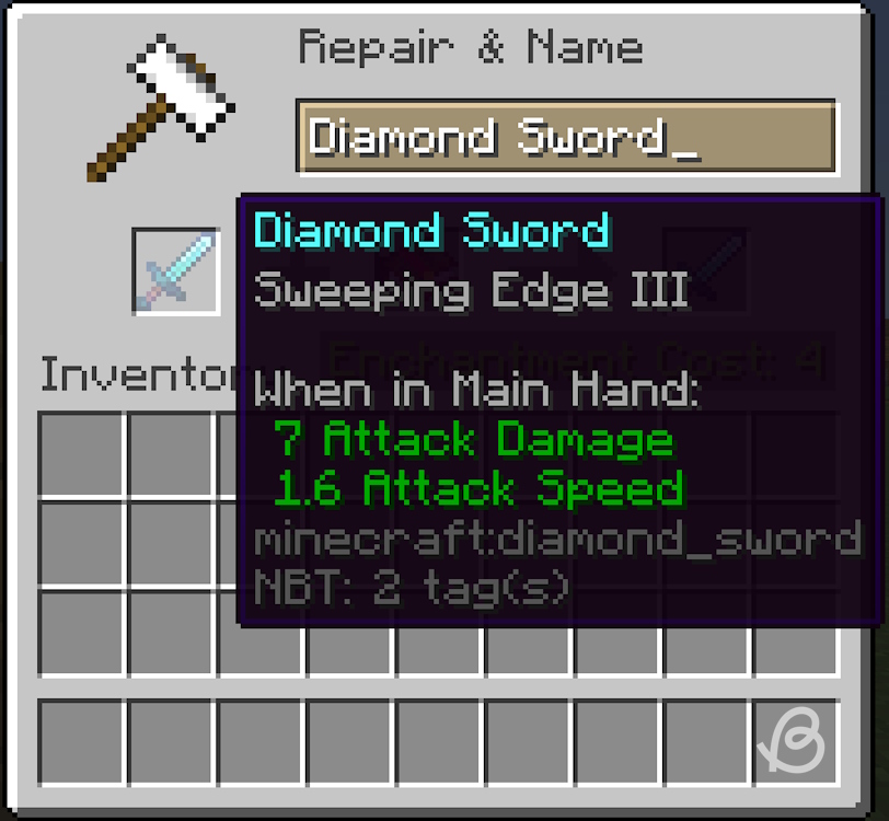 Sweeping edge III sword in the first slot in the anvil