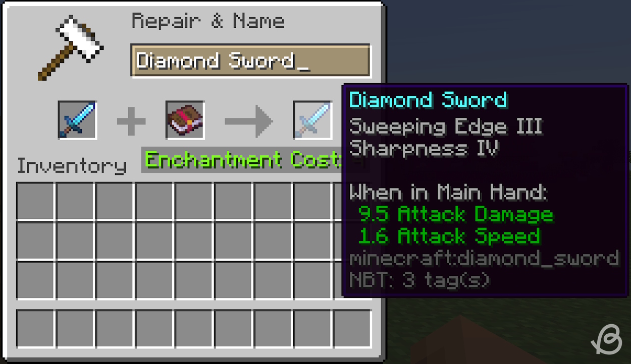 Sword in the output slot with all the combined enchantments in Minecraft