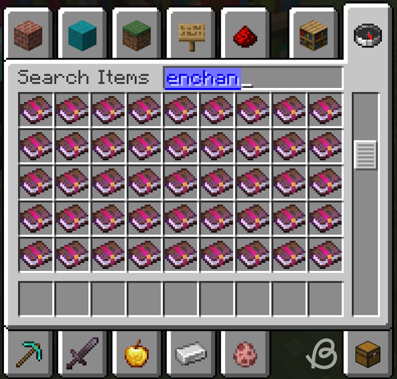 Various enchanted books present in the creative inventory