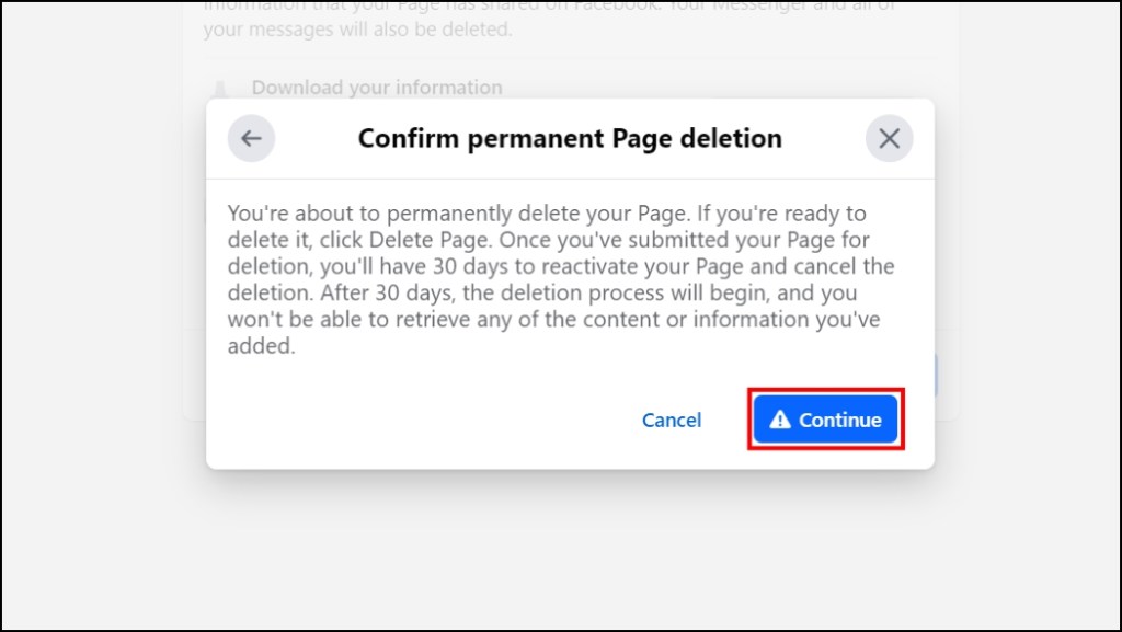 Click on Continue Again to Permanently Delete Page