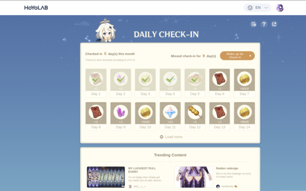 Daily Login rewards - Genshin Check in