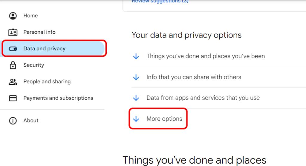 لوحة البيانات والخصوصية في صفحة إعدادات حساب Google على جهاز الكمبيوتر