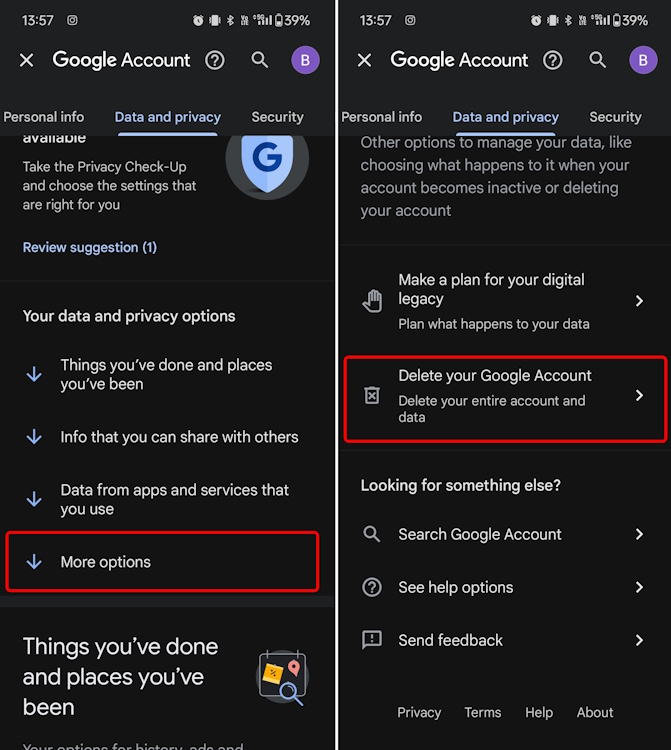 Delete your Google Account button on mobile