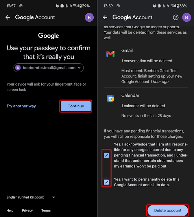 Deleting Google Account on mobile