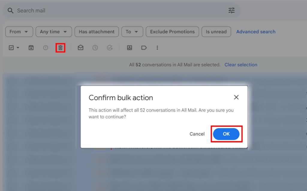 Deleting all emails and confirming bulk action on Gmail web