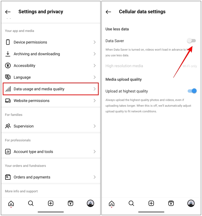 Turn off data saver option in Instagram